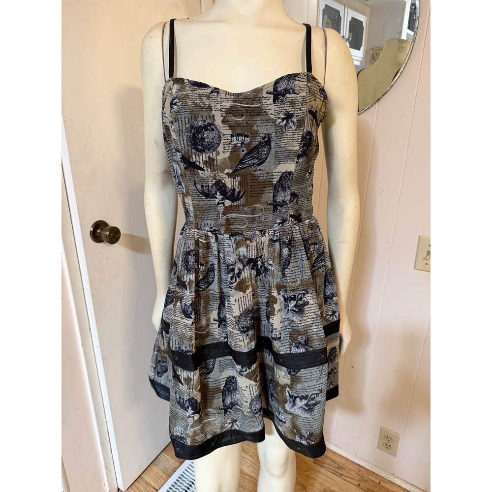 Spin Doctor Newspaper Print Mini Dress Gothic Owl Wolf Bat Raven Brown M